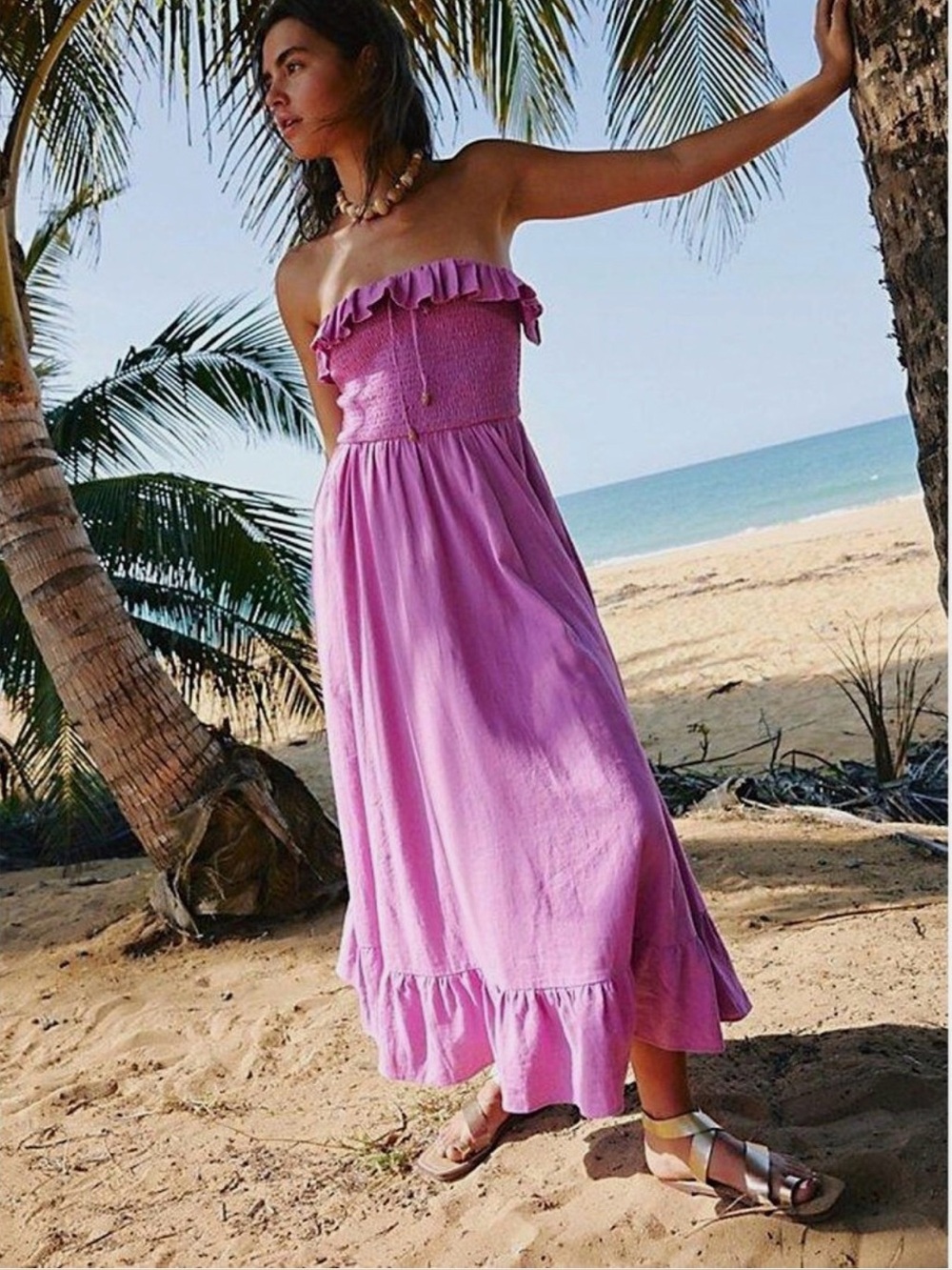 Free People Strapless Ruffled Smocked Midi Dress - Pink